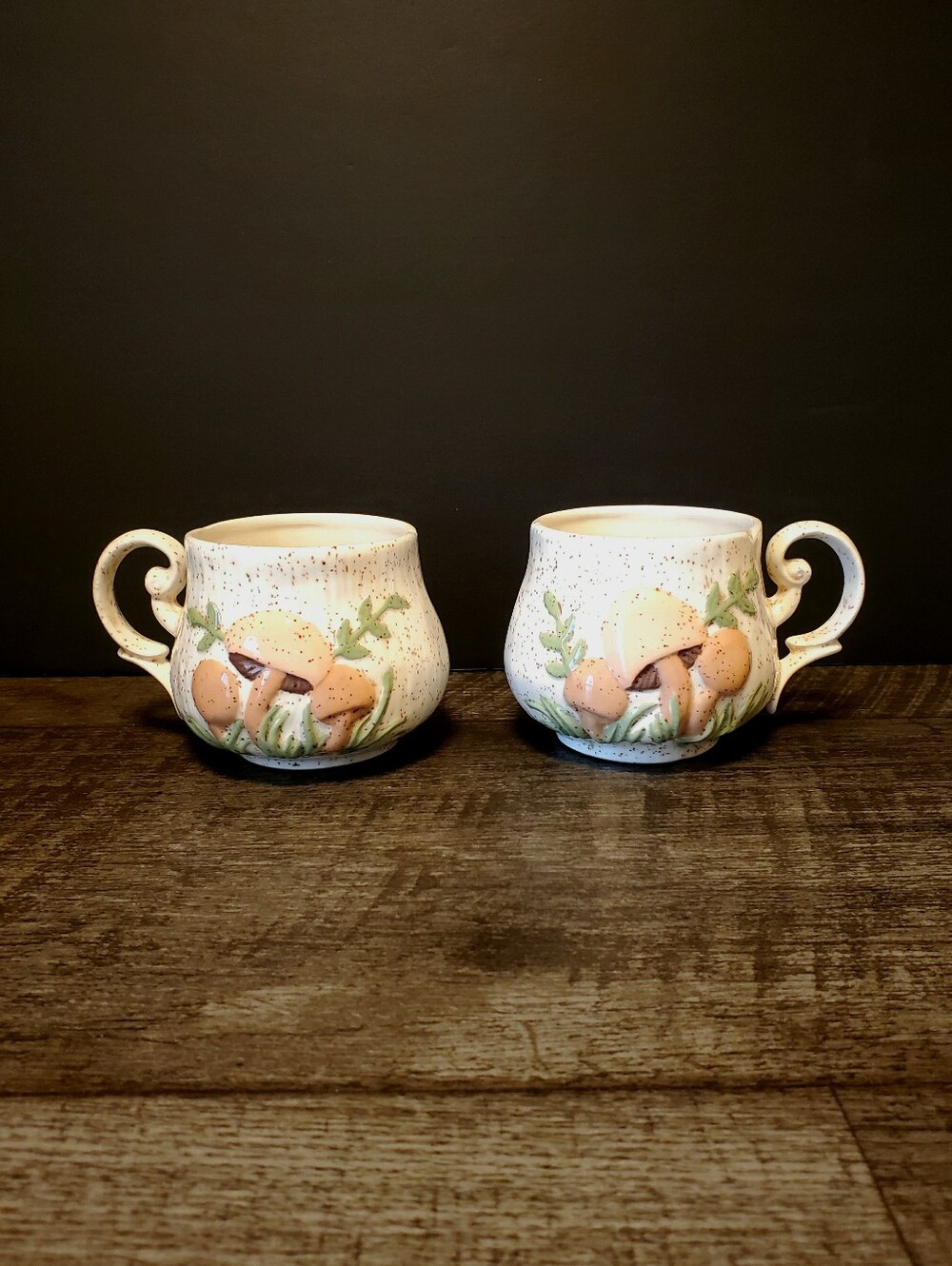 Pair of Speckled Ceramic Mushroom Mugs - Cream with Peach & Green Accents